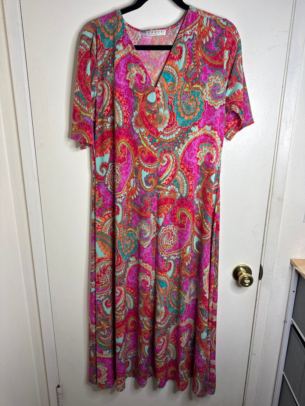 Chaus New York Pink Orange Paisley Jersey V-Neck Dress XL